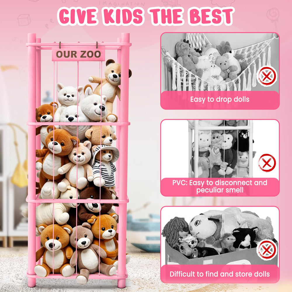 Woodure stuffed animal storage side view in pink emphasizing roomy capacity for plush friends
