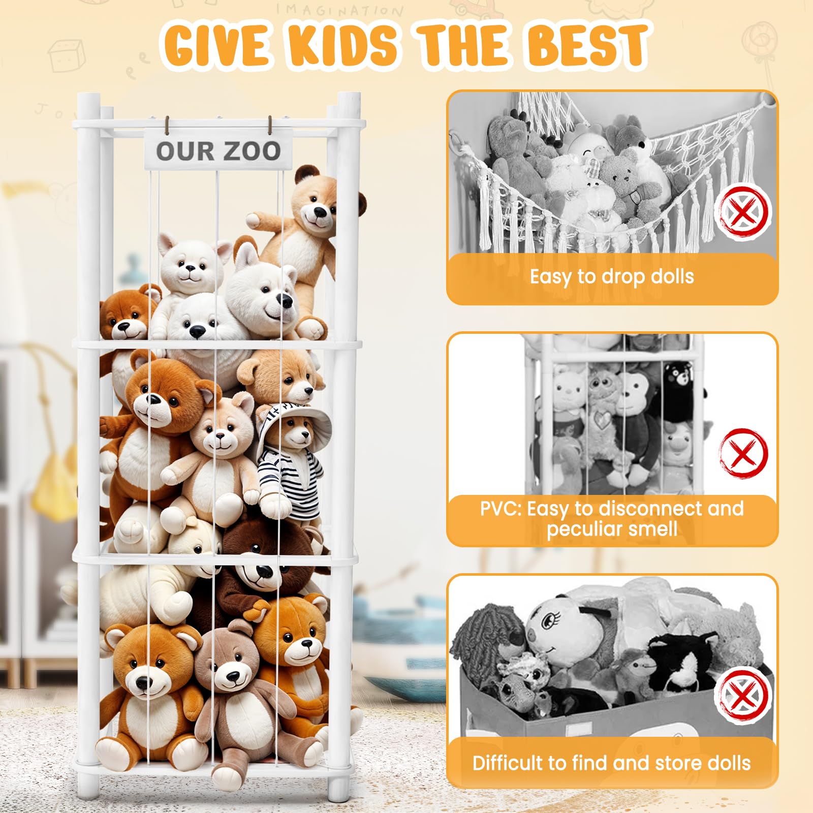 Woodure stuffed animal storage zoo detailed assembly demonstrates tool-free setup options.