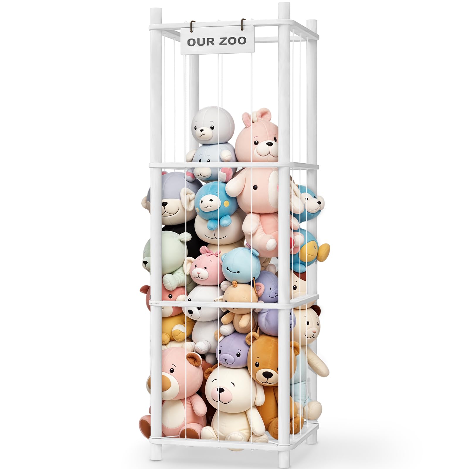 Woodure stuffed animal storage zoo front view shows durable pine wood for tidy toy organization.