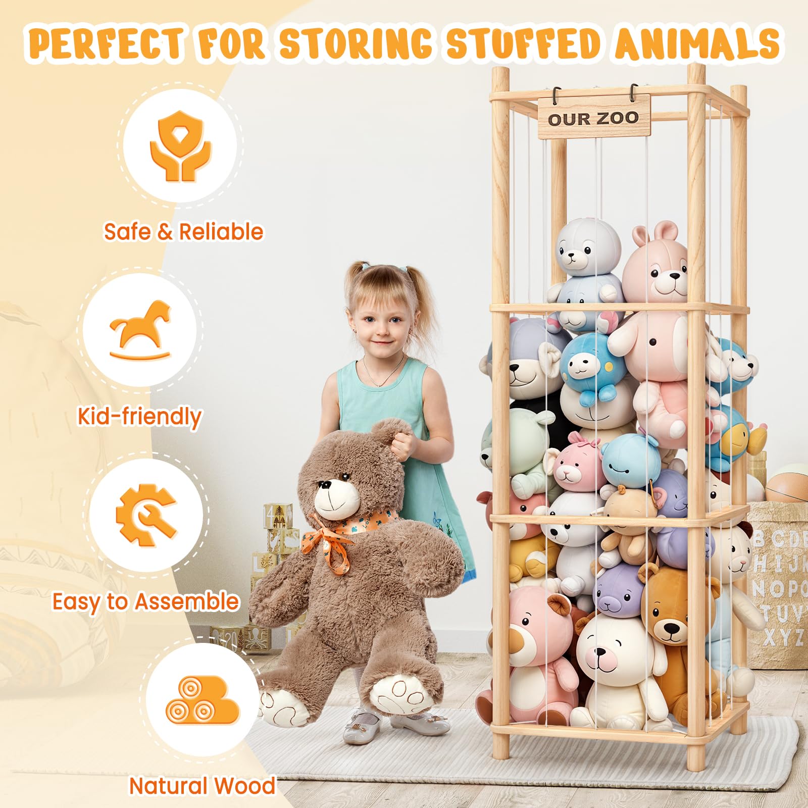 Woodure stuffed animal storage zoo front view shows easy-access toy storage.