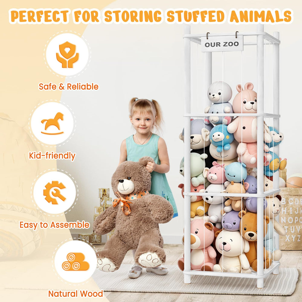 Woodure stuffed animal storage zoo side view highlights roomy interior for 40+ plush toys.