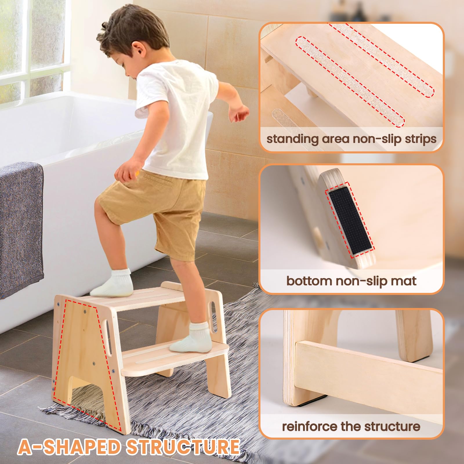 Woodure toddler step stool A-frame stability enhances safety during climbs.