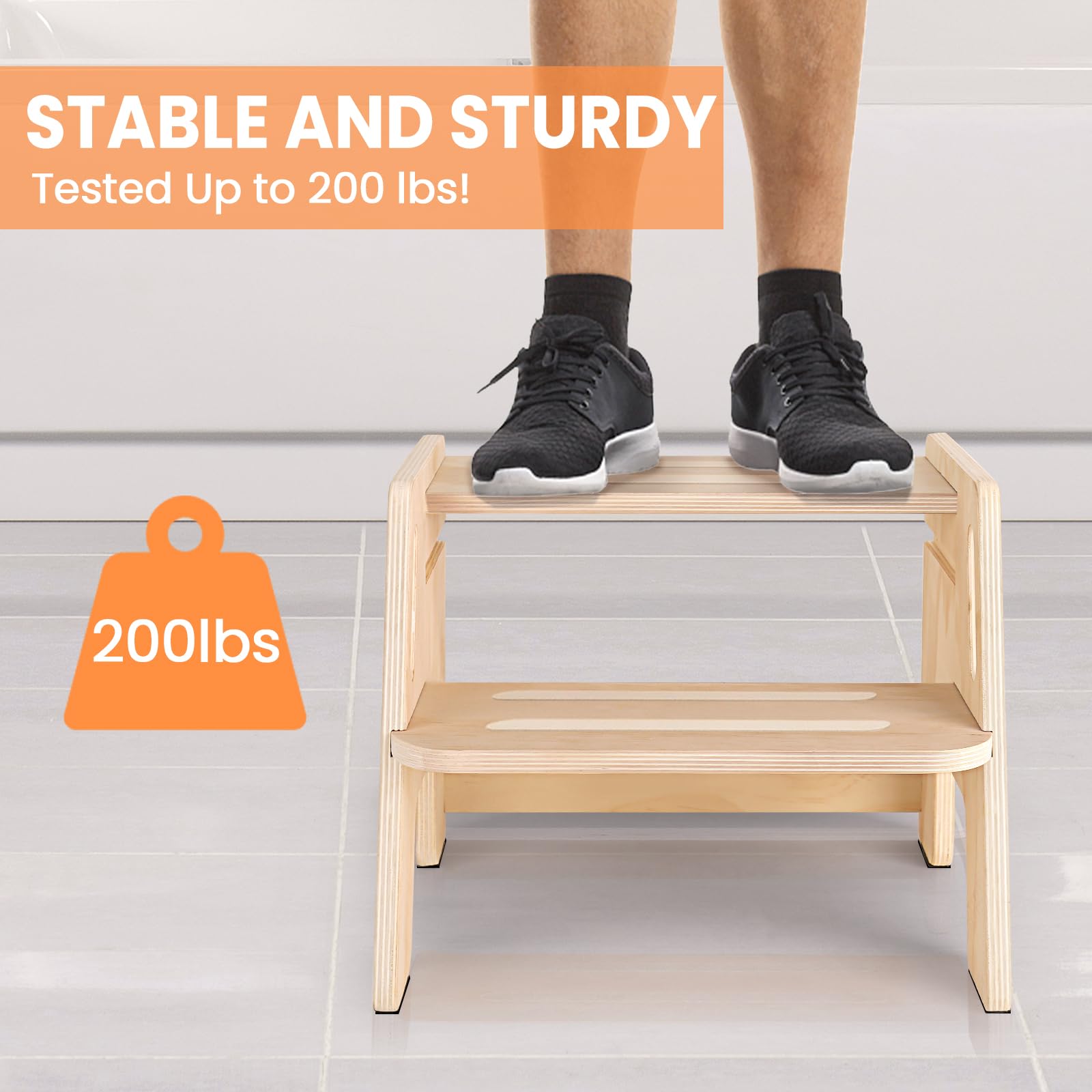 Woodure toddler stool shown in bathroom and kitchen for independent tasks