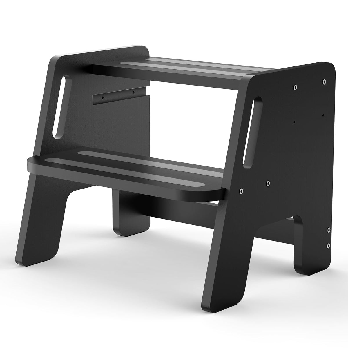 Woodure toddler step stool full view shows sturdy, adjustable two-step design supporting independence.