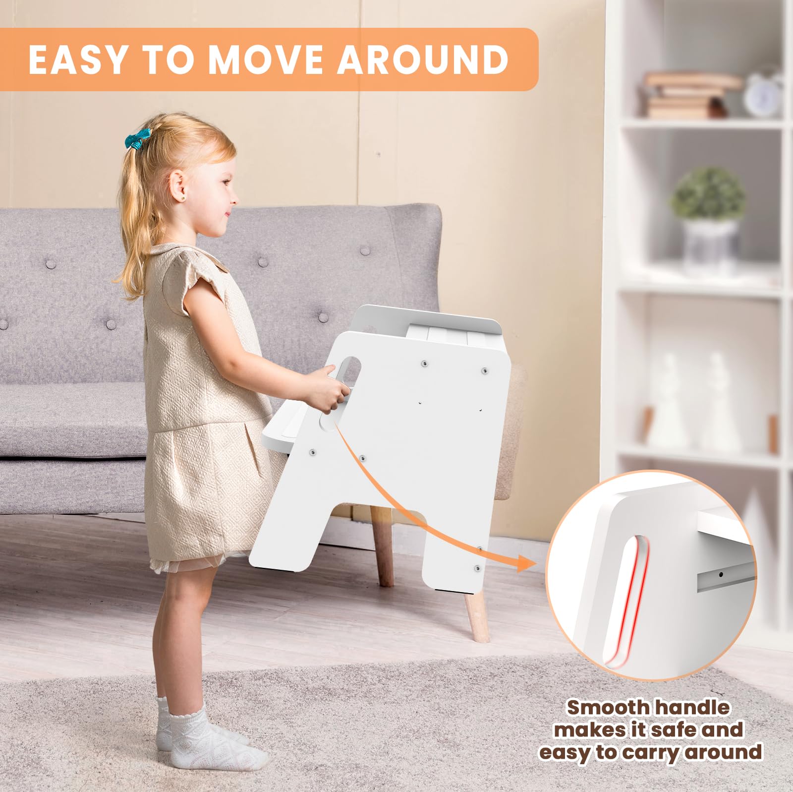 Woodure stool with side handles aids climbing and encourages safe independence.