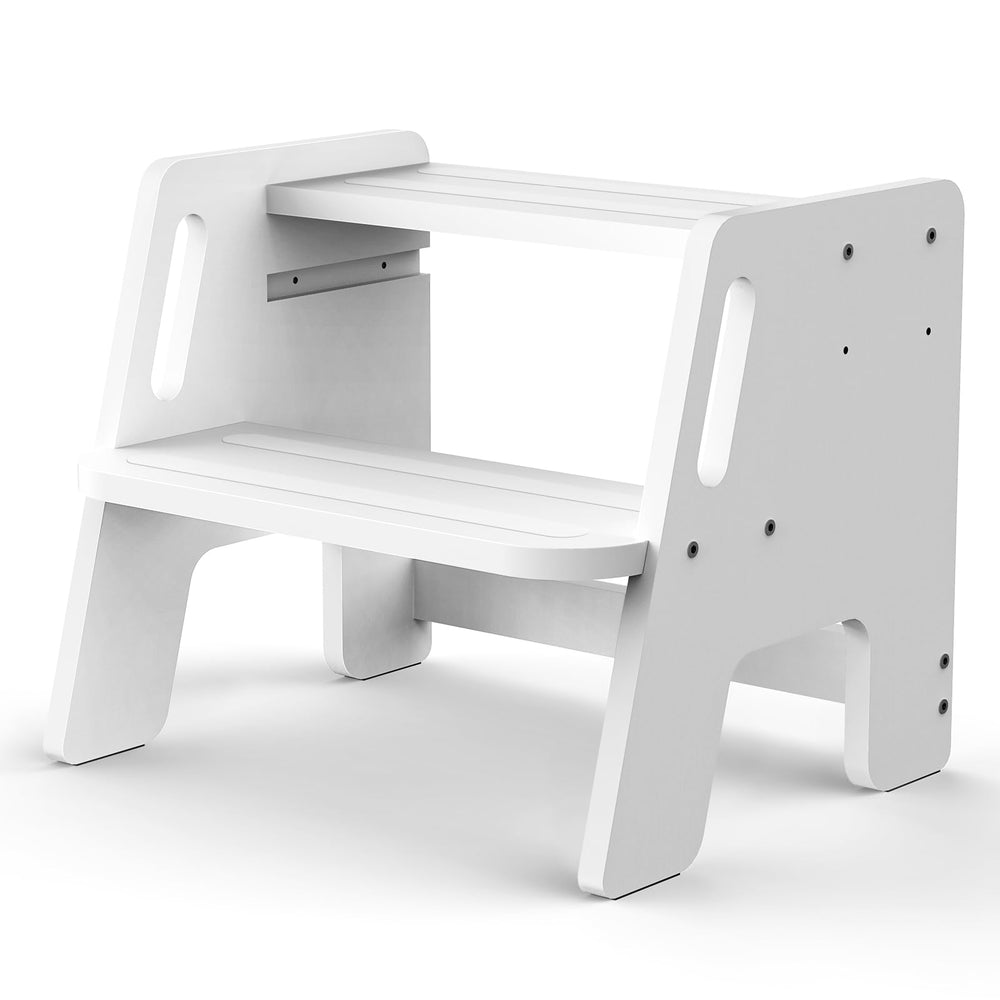 Woodure toddler step stool height-adjustable 2-step design helps growing kids reach sinks safely.