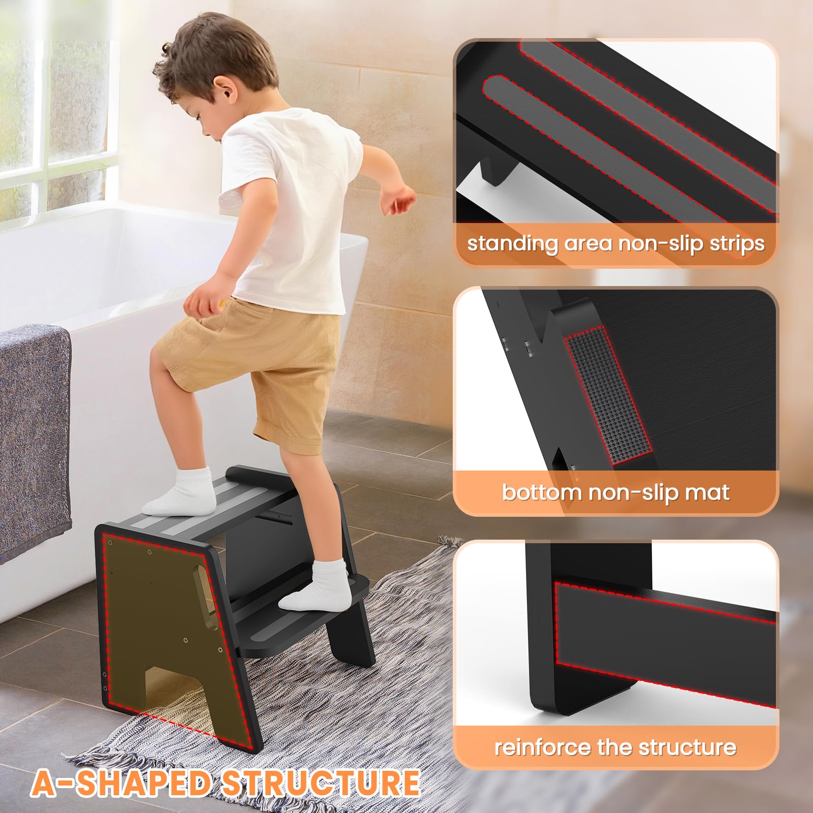 Woodure toddler step stool height adjustment close-up highlights versatile platform levels.