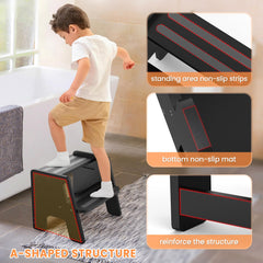 Woodure toddler step stool height adjustment close-up highlights versatile platform levels.
