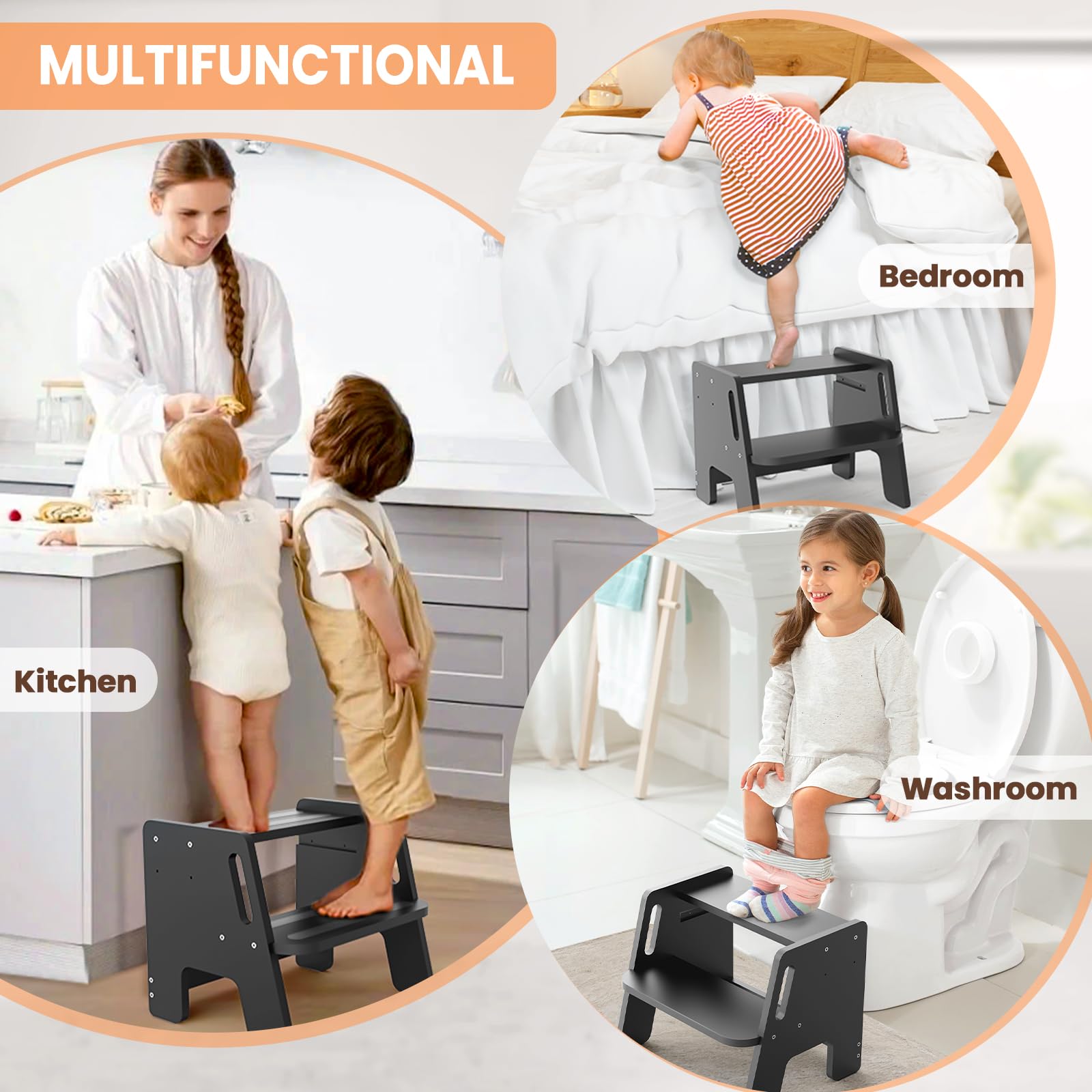 Woodure toddler step stool in bathroom setting demonstrates multi-room utility.