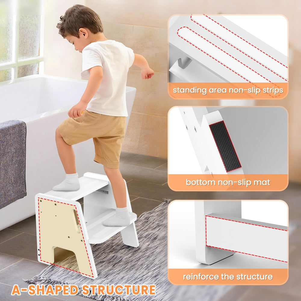 Woodure step stool with anti-slip base stays steady on any floor for toddlers.