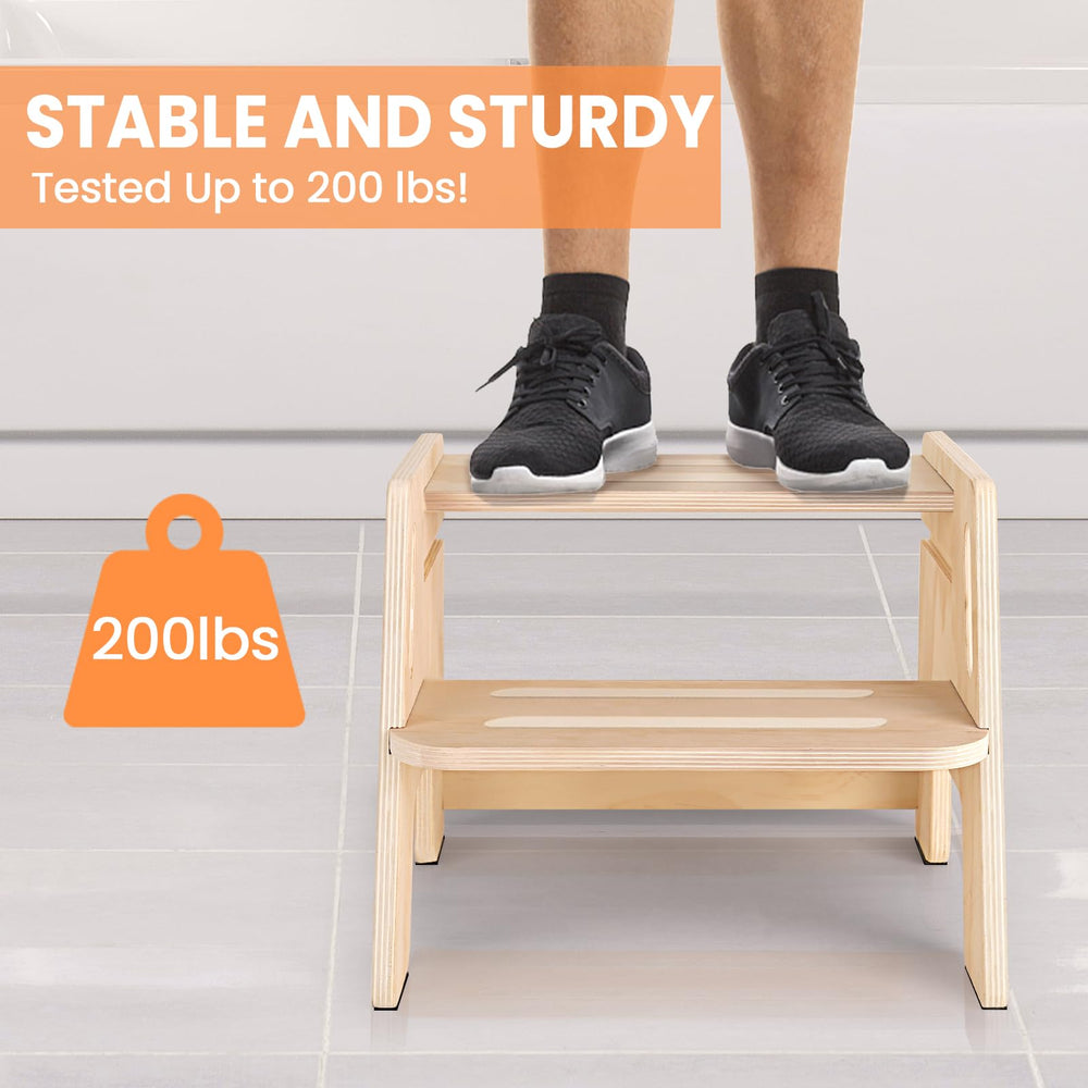 Woodure toddler step stool with slip-resistant base reduces slipping risk.