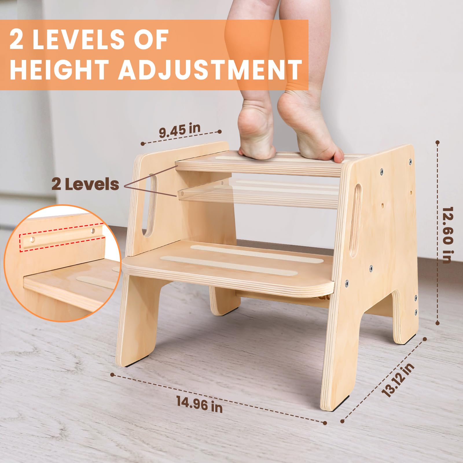 Woodure wooden finish toddler stool with durable, odor-free surface for daily use