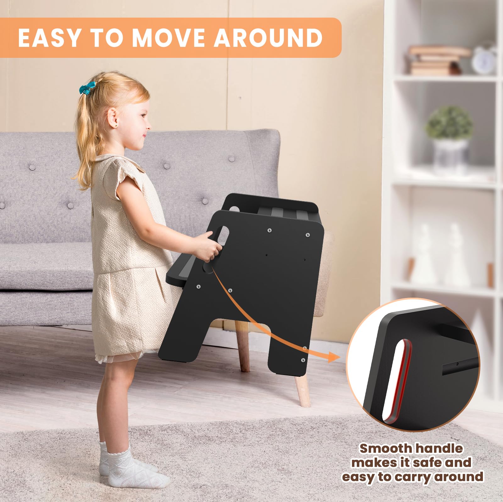 Woodure toddler step stool wood grain closeup emphasizes natural, durable material.
