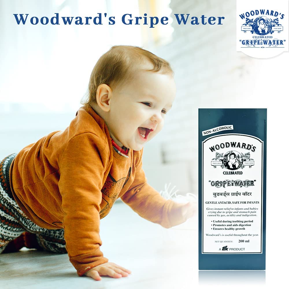 Woodwards Gripe Water bottle with cap shows soothing relief for gas