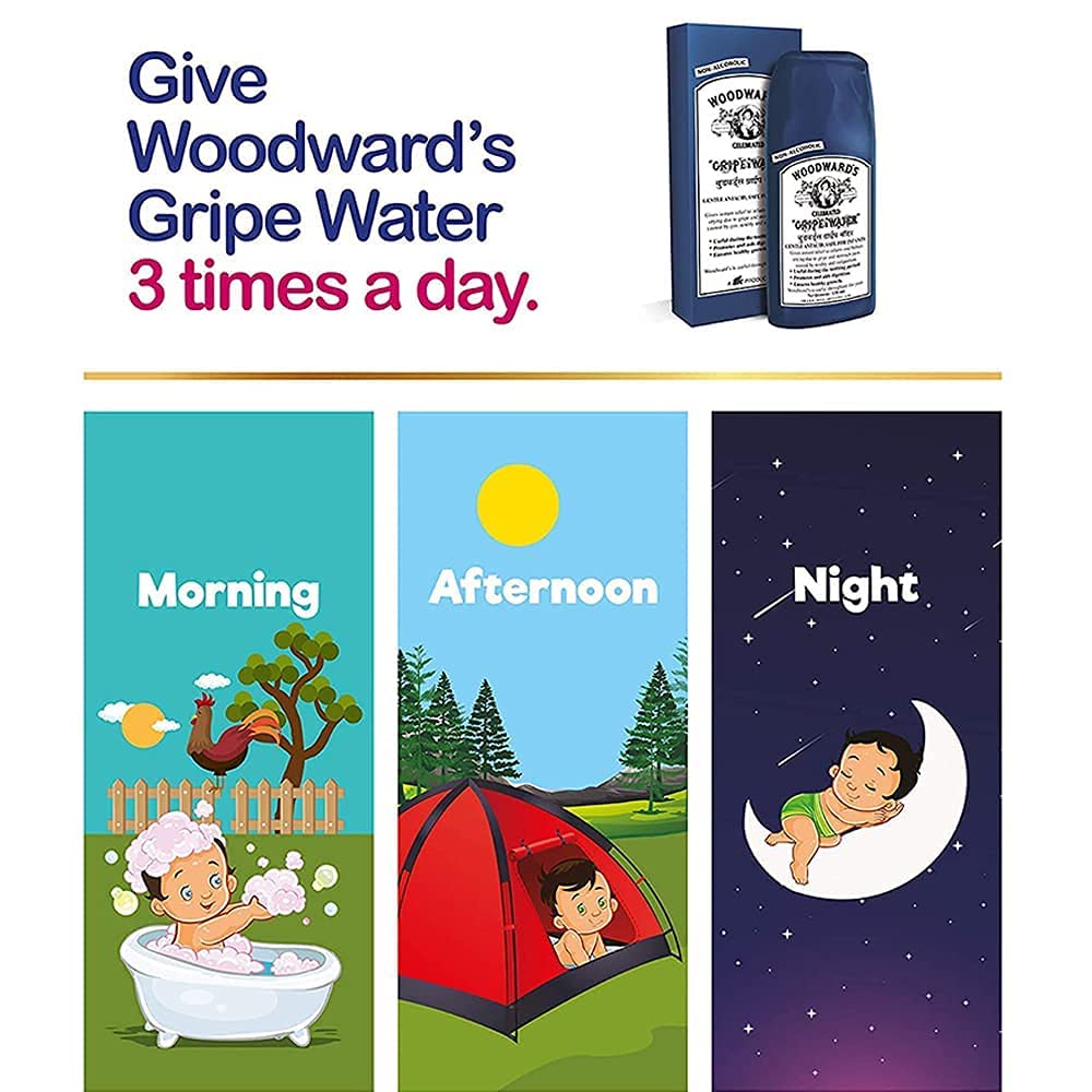 Woodwards Gripe Water bottle sitting on nursery shelf for gentle tummy support
