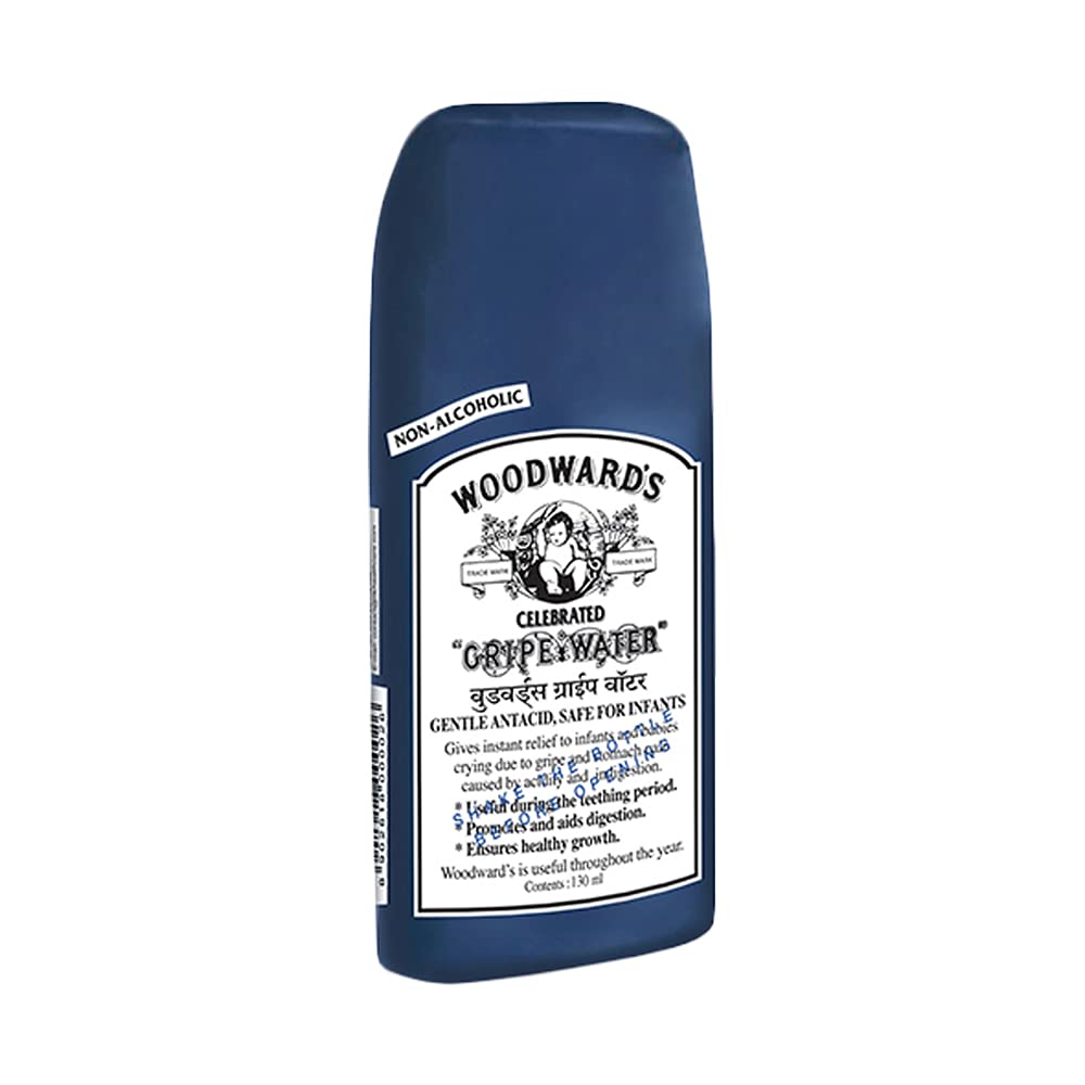 Woodward's Gripe Water label closeup showing alcohol-free formulation.