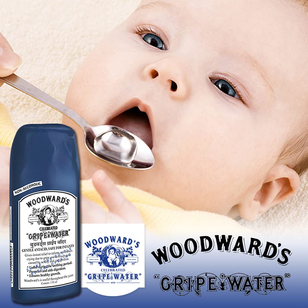 Woodward's Gripe Water 3-pack showing convenient baby care for busy parents.