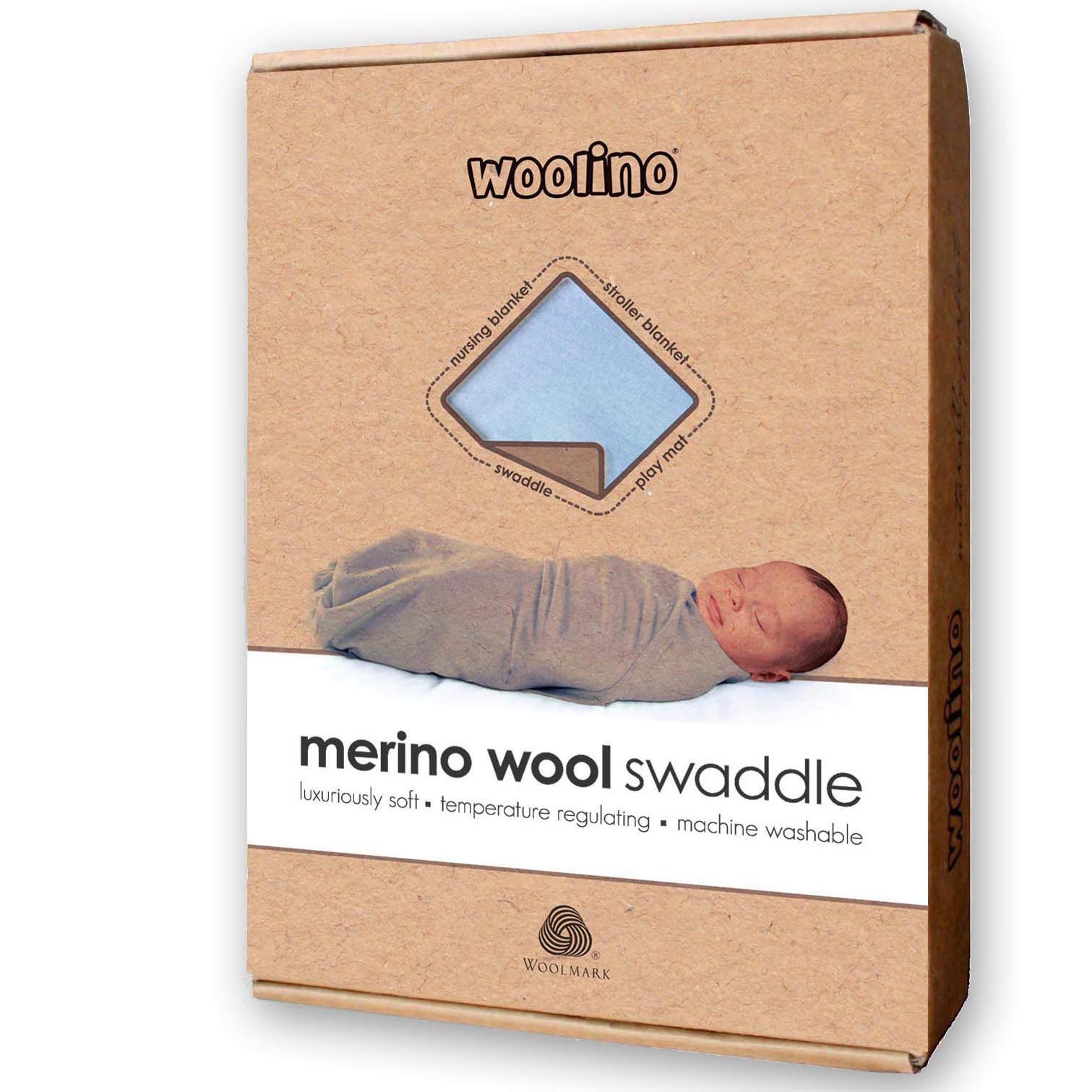 Woolino baby swaddle blue size 39x35 illustrates perfect wrap fit