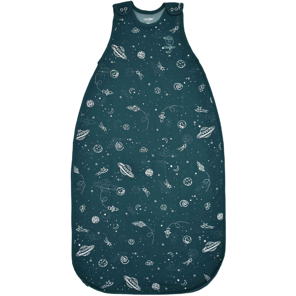 Woolino Big Kid Sleeping Bag space glow front view for year-round comfort.