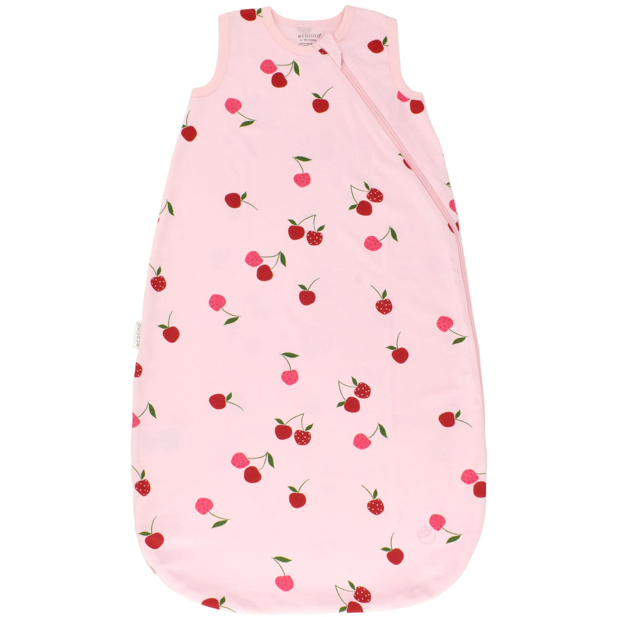 Woolino Ecolino Sleep Sack Cherry fabric close-up highlights organic cotton softness for delicate baby skin.