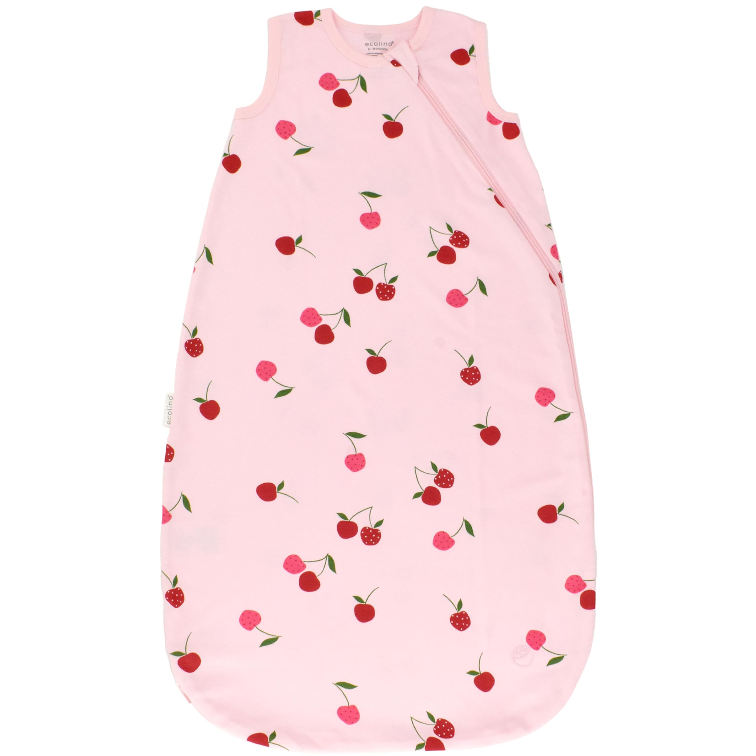 Woolino Ecolino sleep sack front view in cherry demonstrates secure coverage for safer nights.