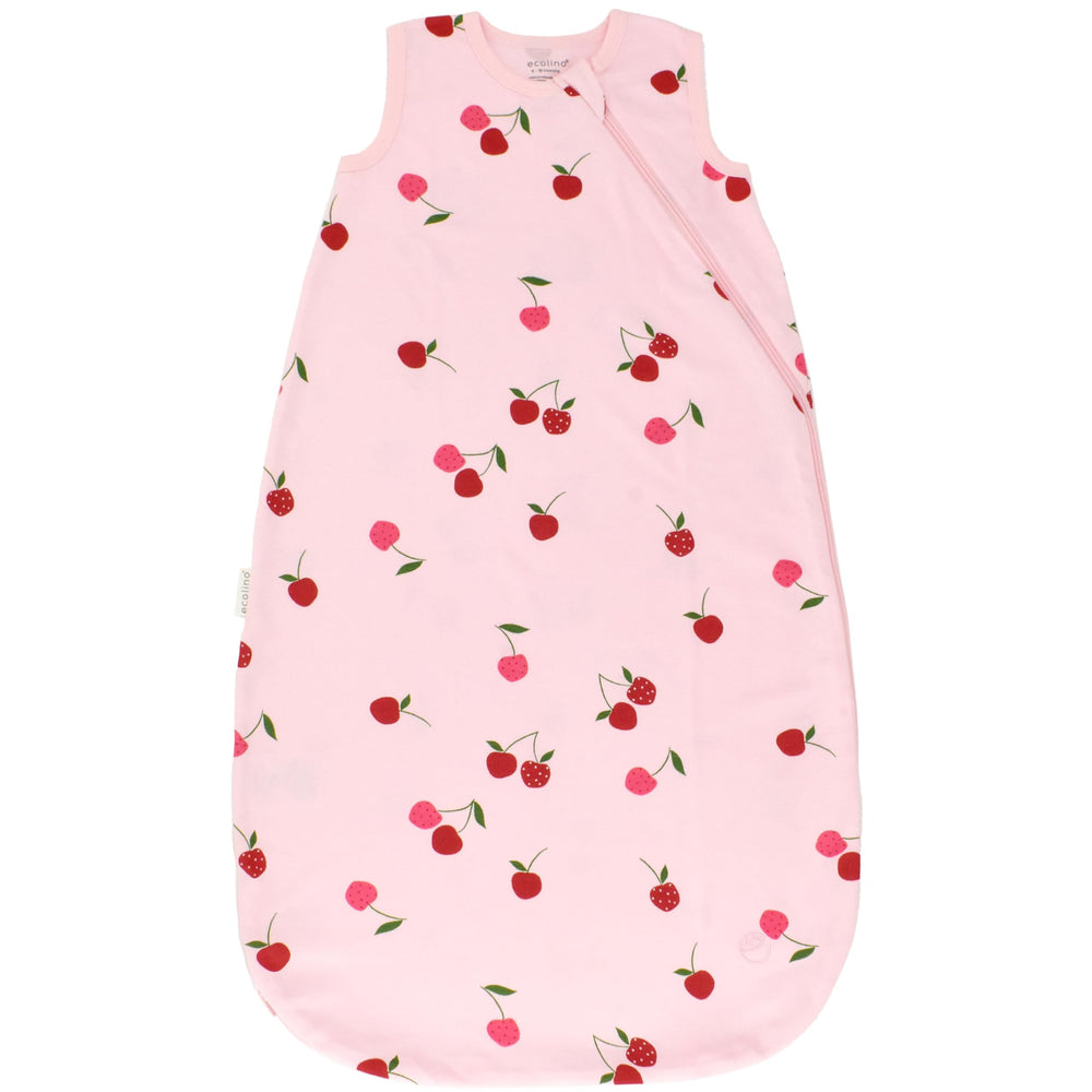 Woolino Ecolino sleep sack front view in cherry demonstrates secure coverage for safer nights.
