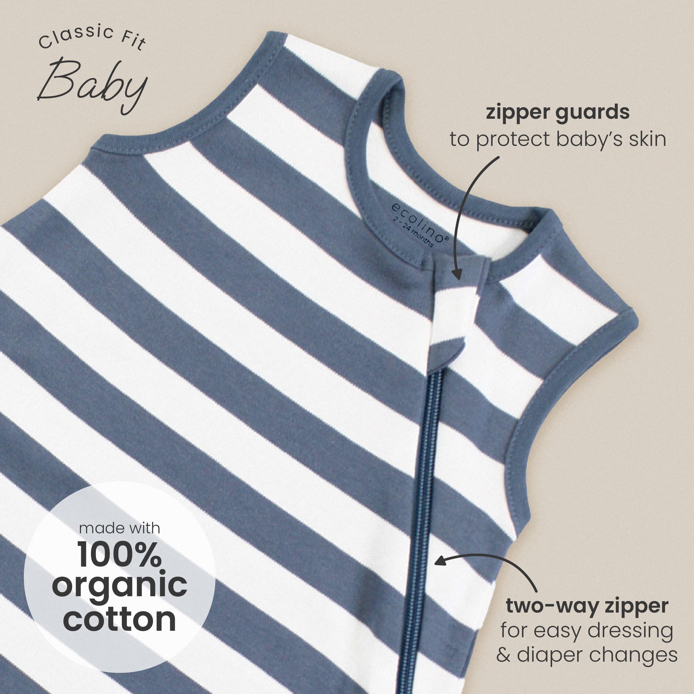 Woolino Ecolino Sleep Sack sizes 0-6, 6-18, 18-36 months for growing babies.