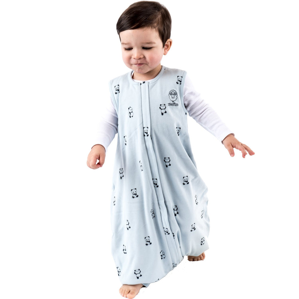Woolino sleep bag panda foot-open demonstrates mobility and comfort.