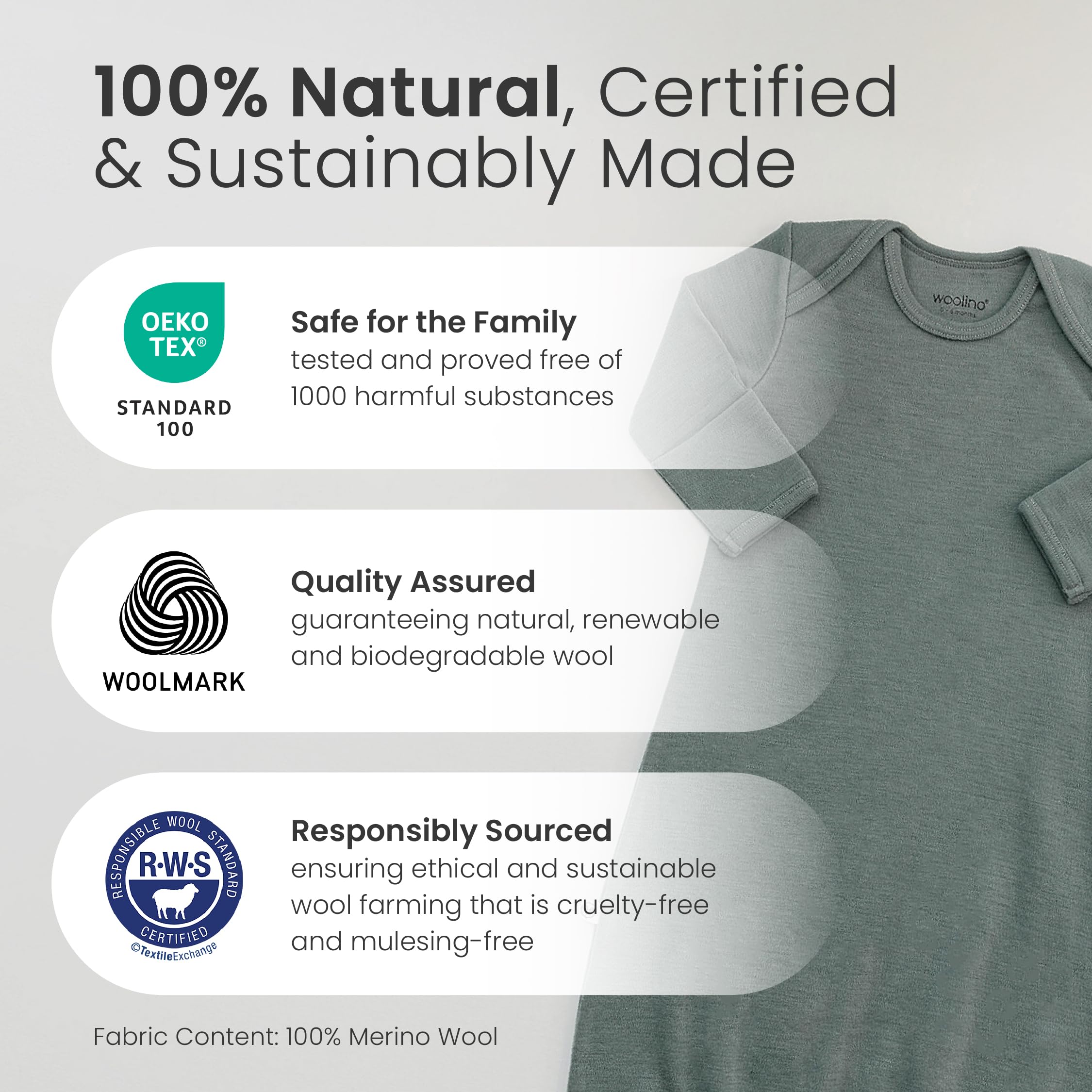 Woolino Infant Nightgown elastic-bottom shot for quick diaper changes.
