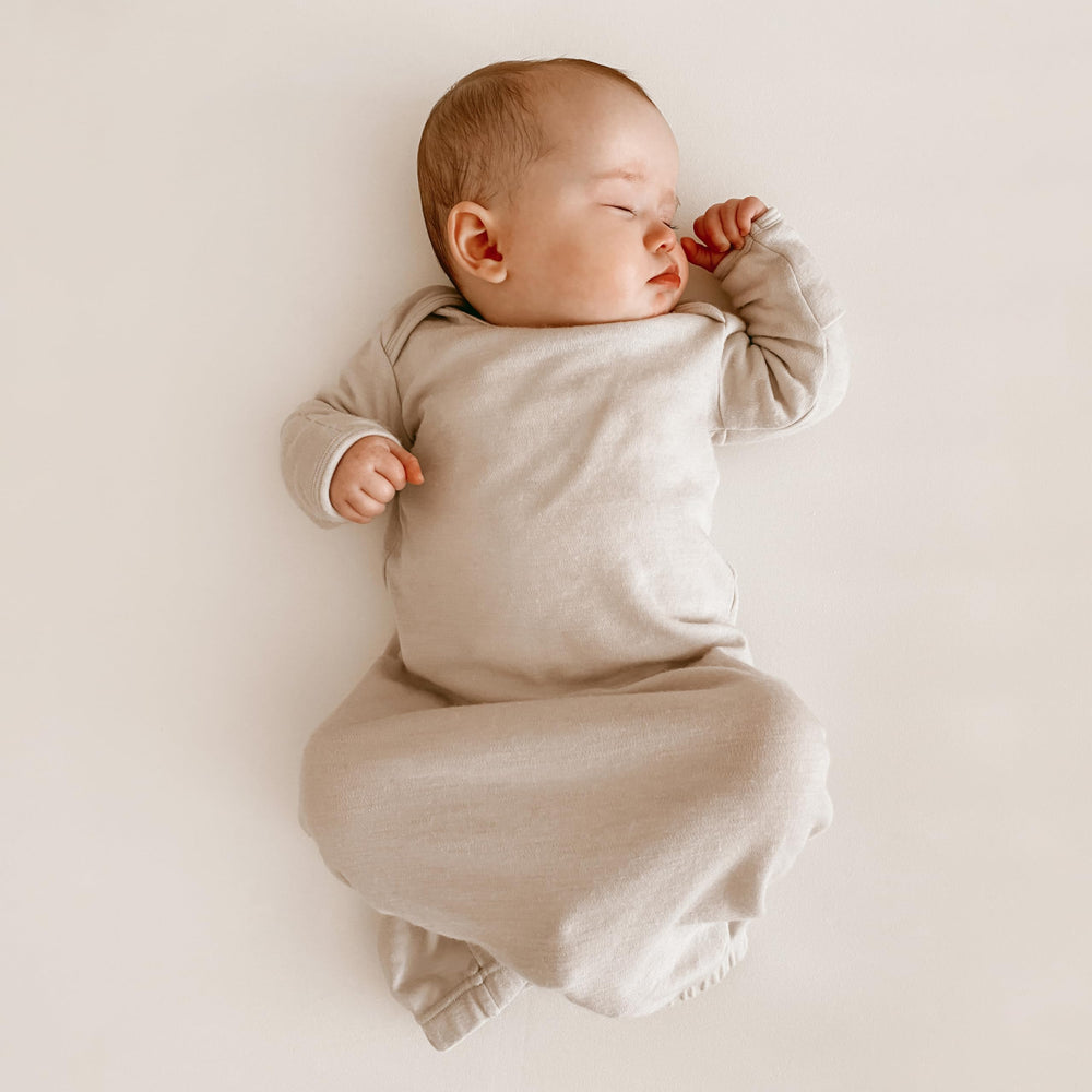 Woolino Infant Nightgown envelope-neck closeup for easy dressing.