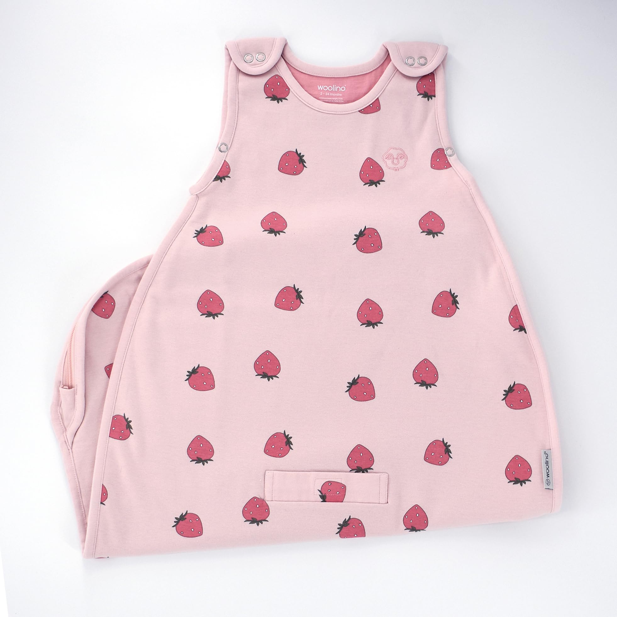 Woolino Merino Sleep Sack strawberry close-up fabric highlights soft merino.