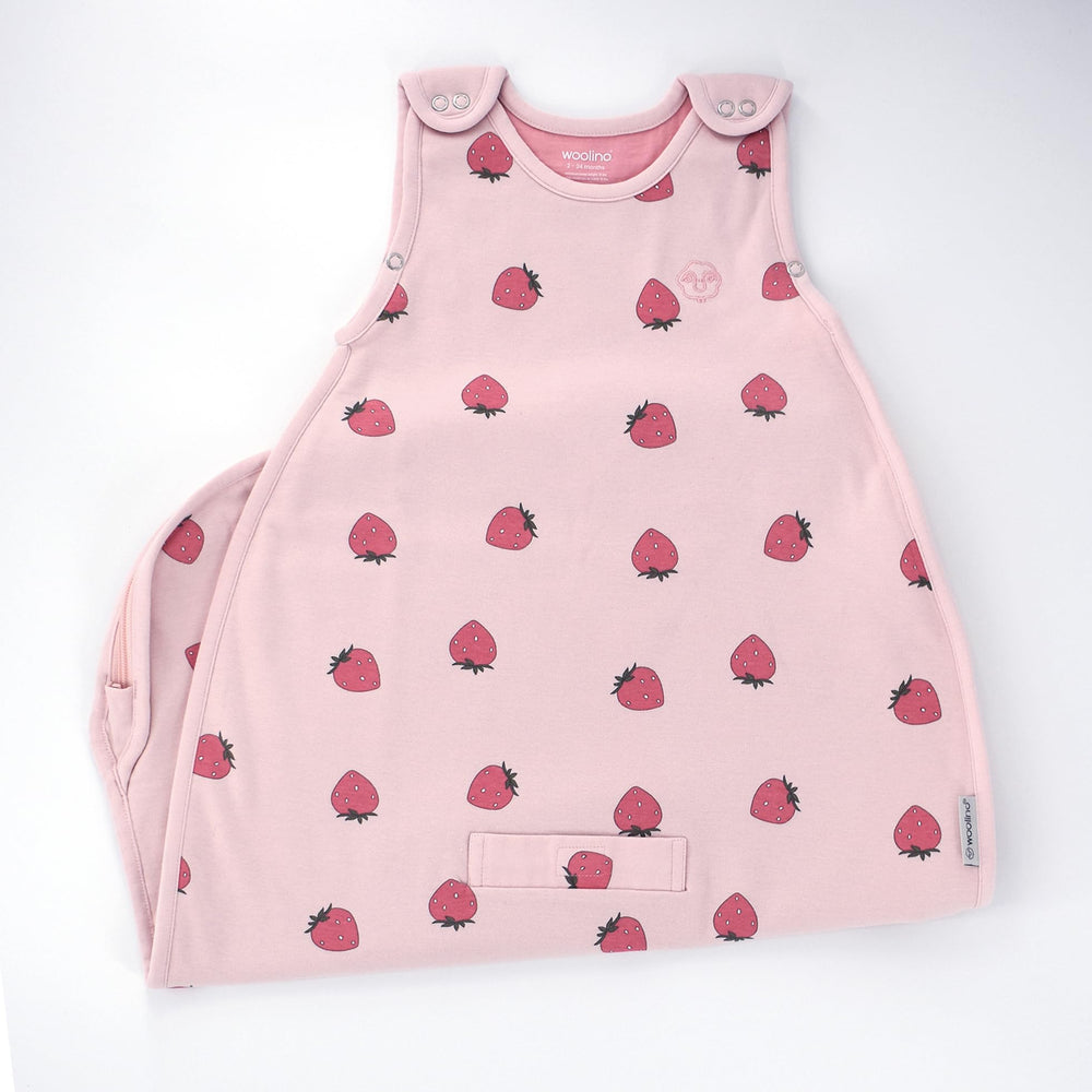 Woolino Merino Sleep Sack strawberry close-up fabric highlights soft merino.