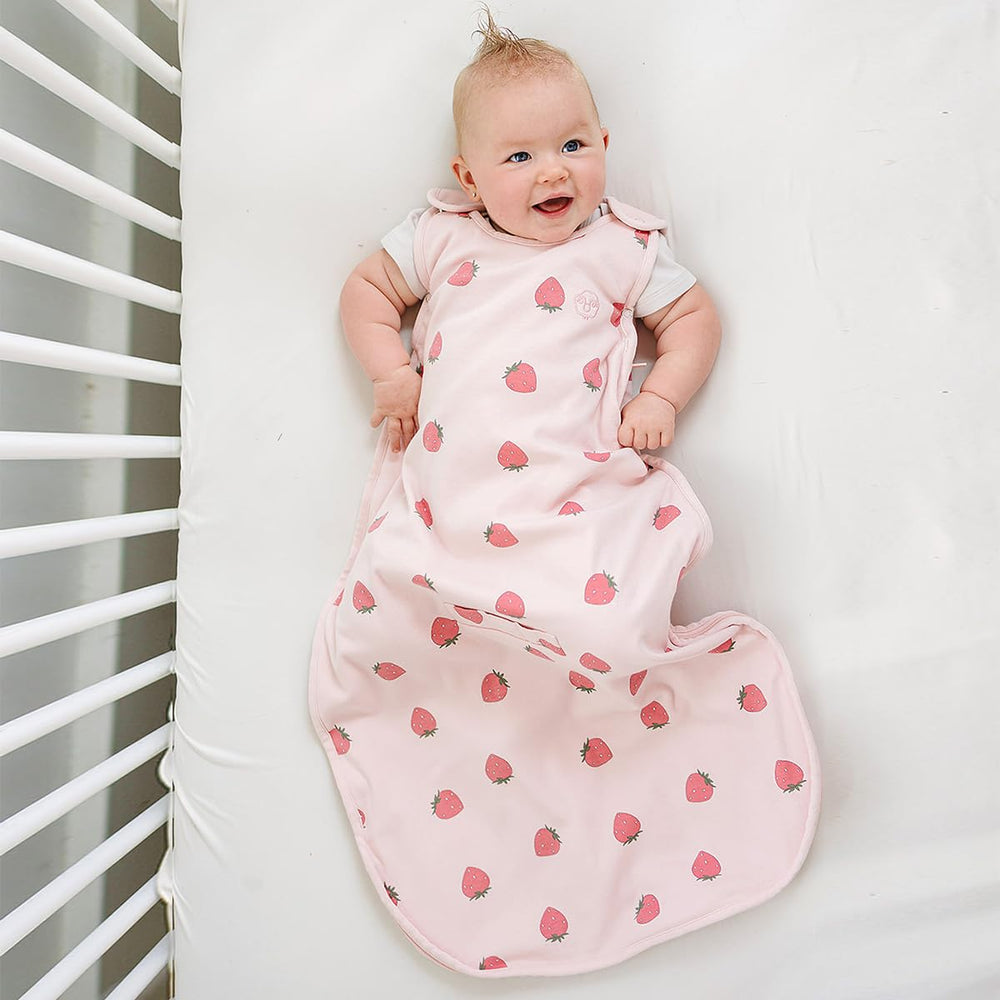 Woolino Merino Sleep Sack strawberry side view showing universal size fit.