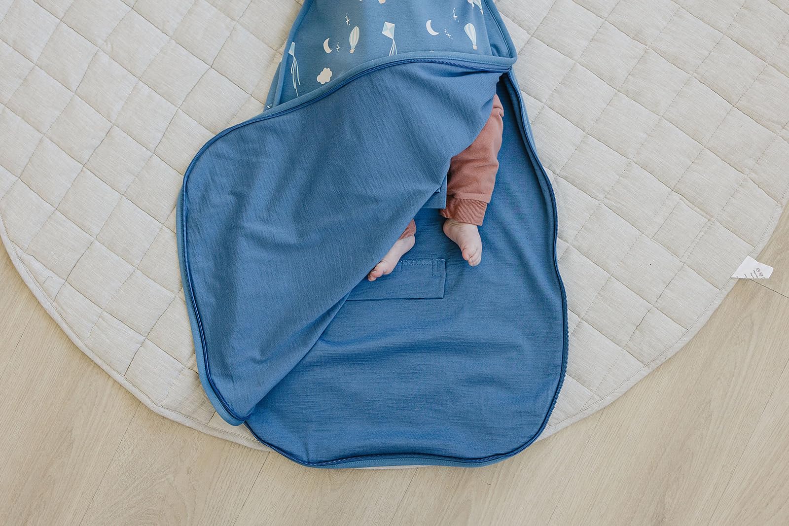 Woolino Merino Sleep Sack fabric close-up shows organic cotton and merino lining.