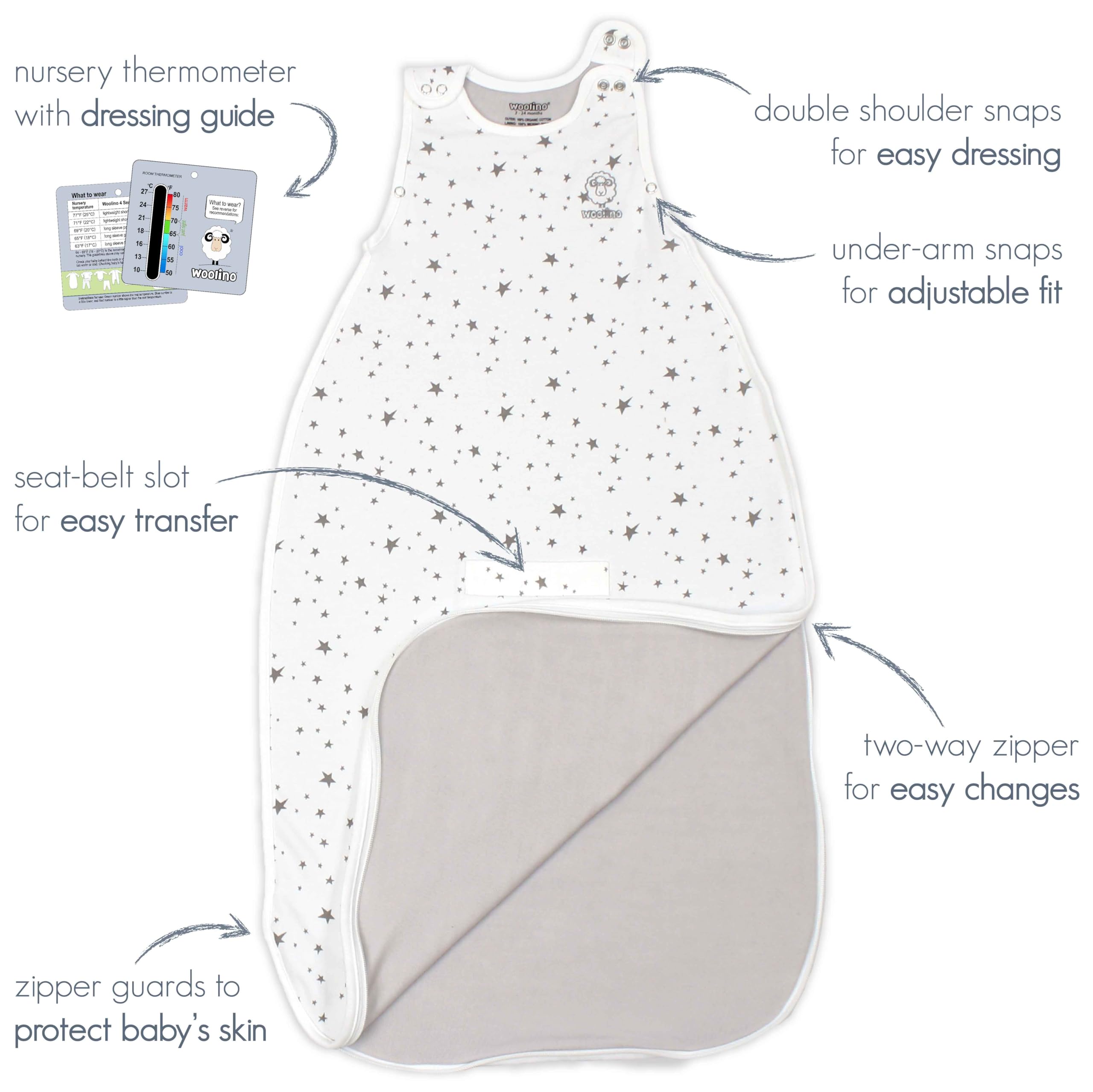Woolino Merino Sleep Sack night use emphasizes year-round warmth.