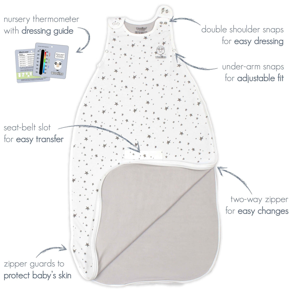 Woolino Merino Sleep Sack night use emphasizes year-round warmth.