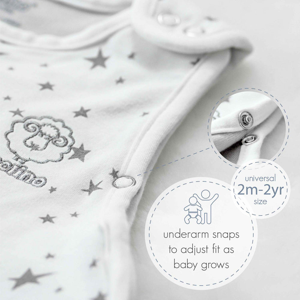 Woolino sleep sack with seat-belt slots star-gray facilitates stroller transfers safely.