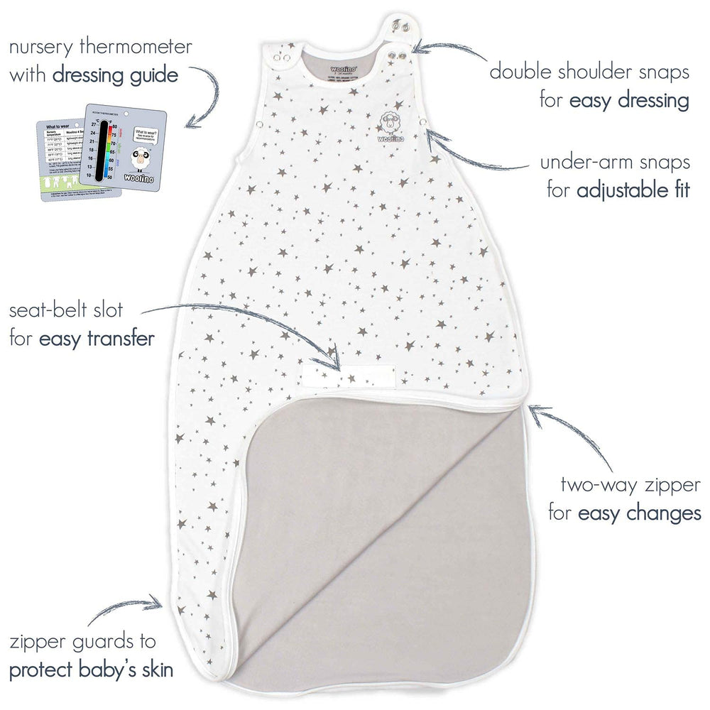 Woolino seat-belt slots illustrate easy transfers between stroller and crib.