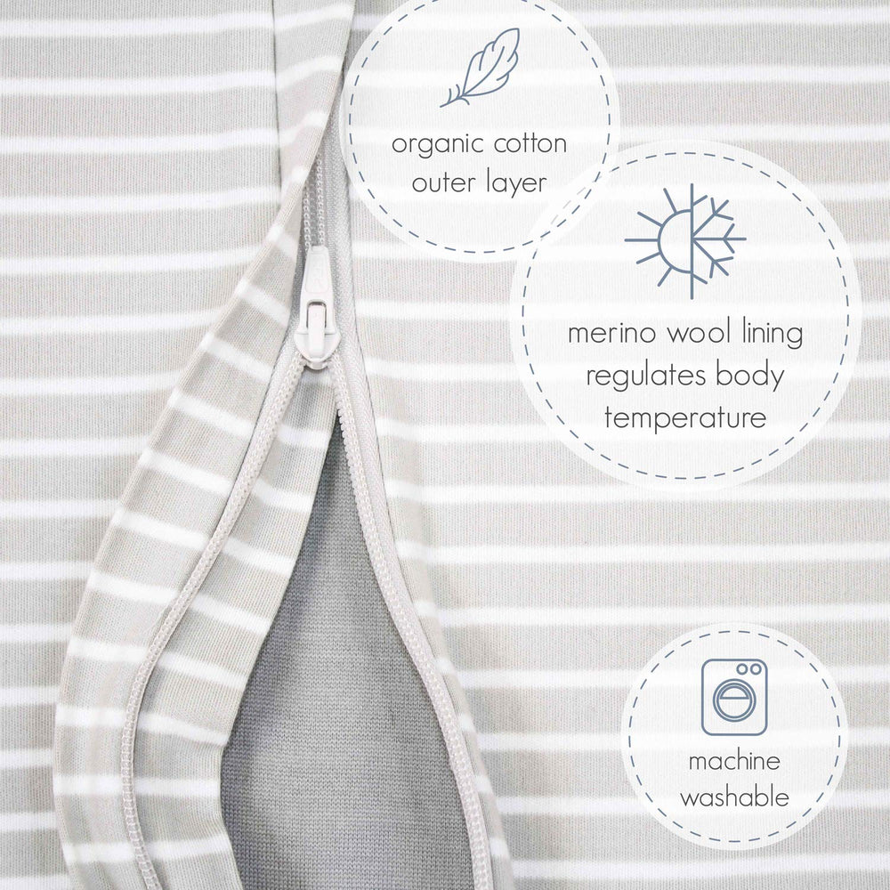 Woolino sleep bag bottom zipper enables quick diaper changes.