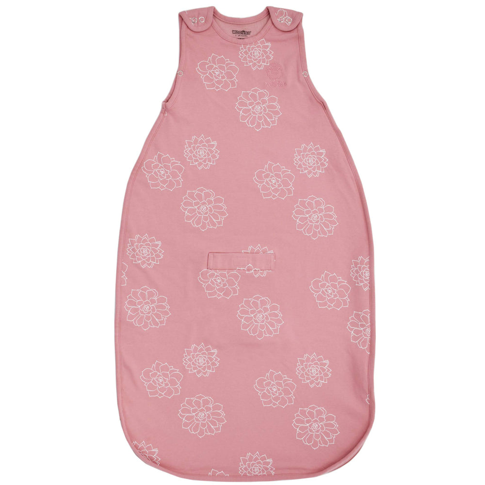 Woolino sleep sack succulent worn by baby for cozy year-round sleep.