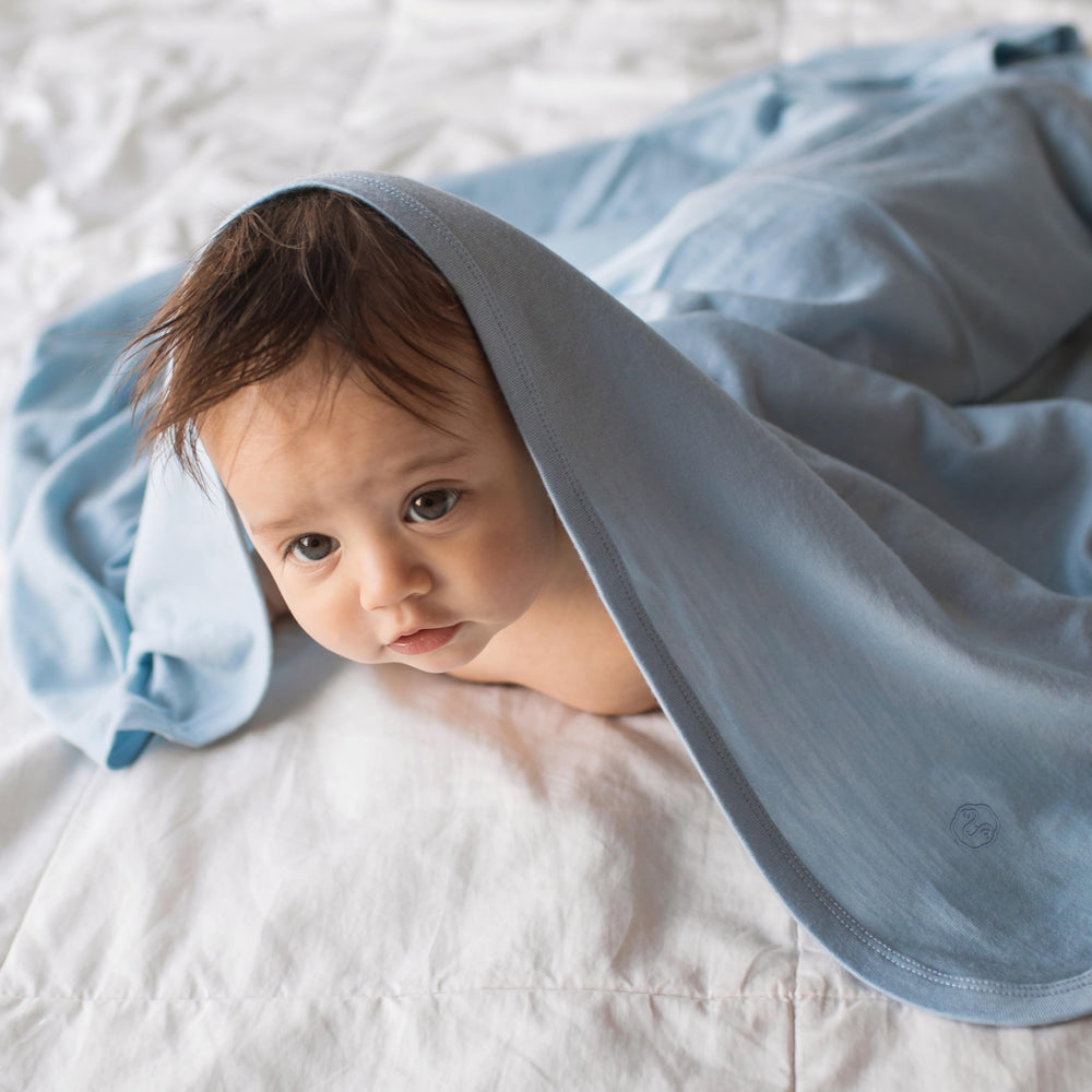 Woolino swaddle blue in carrier cover provides cozy travel option
