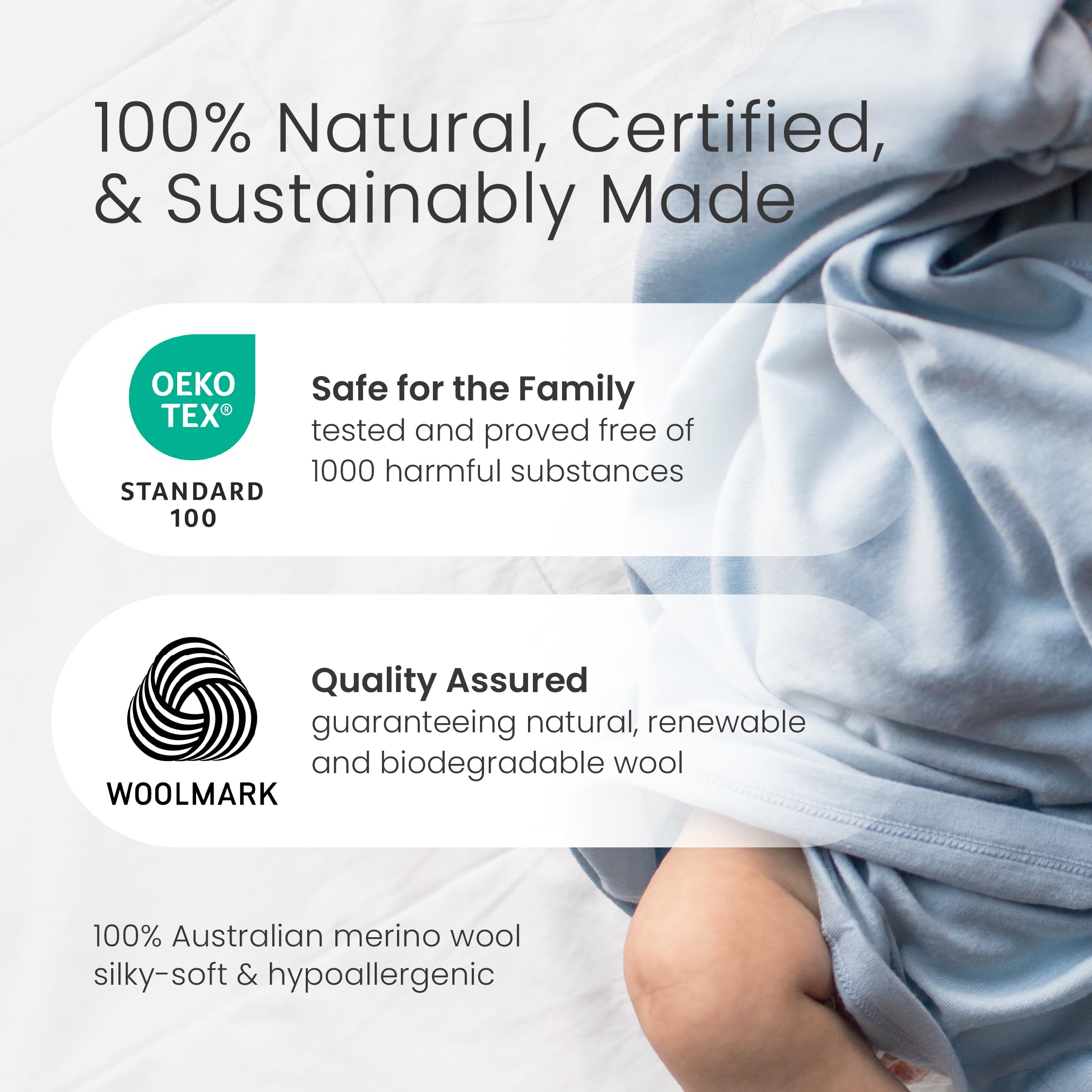 Woolino swaddle blue in nursery demonstrates four-season practicality