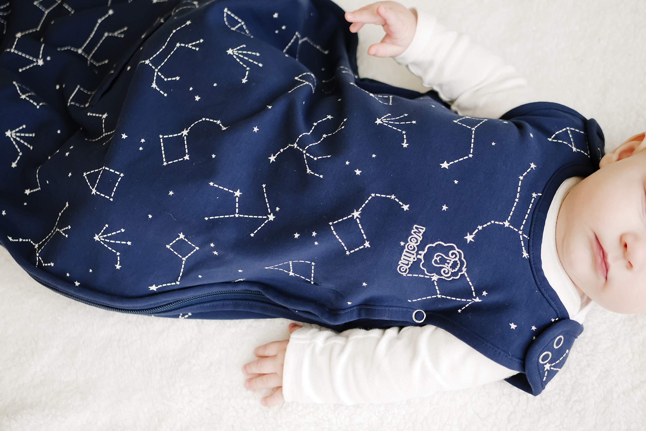 Woolino Toddler Sleeping Bag night sky closeup fabric highlights warmth and texture.