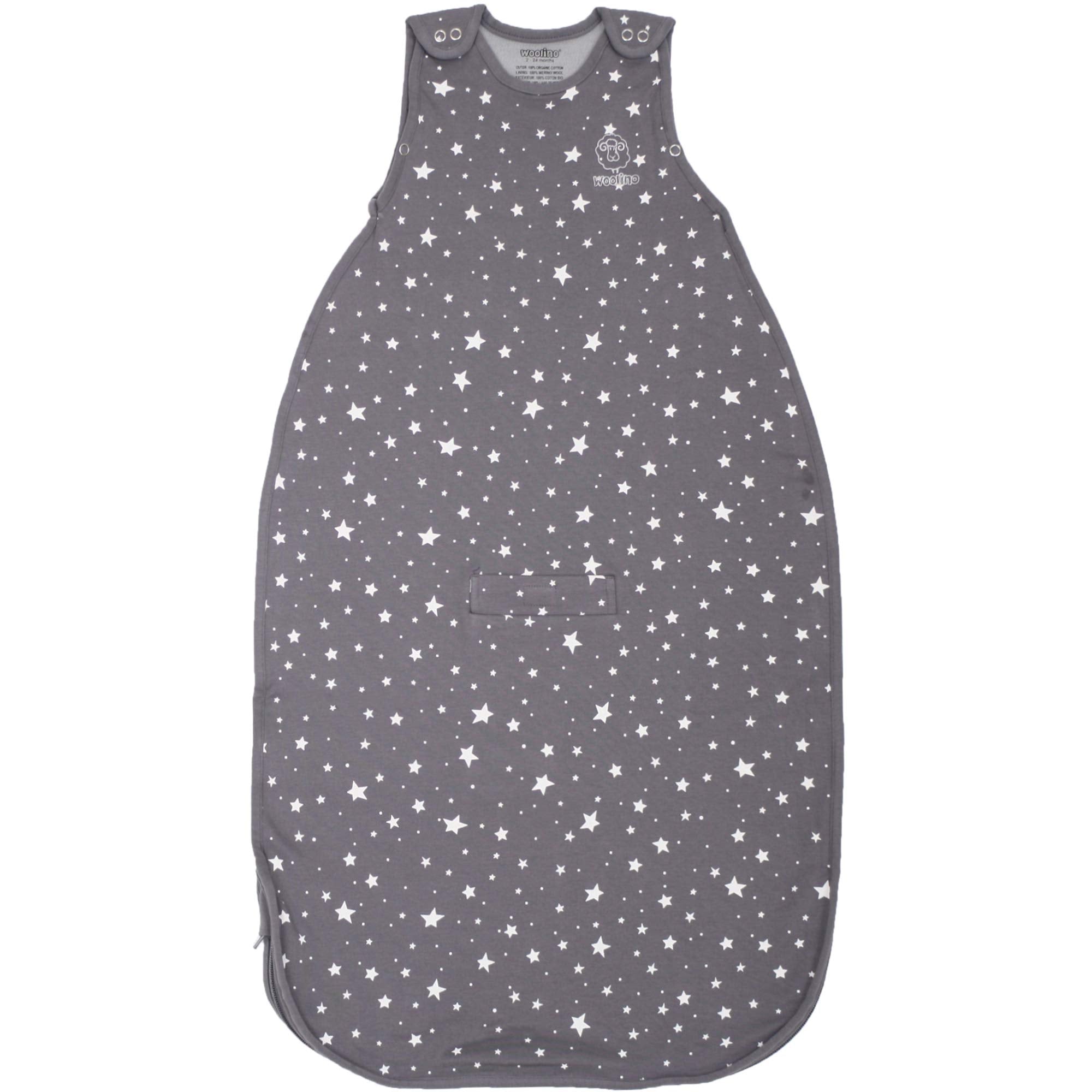 Woolino sleeping sack star gray closeup shows cozy temperature-regulating fabric
