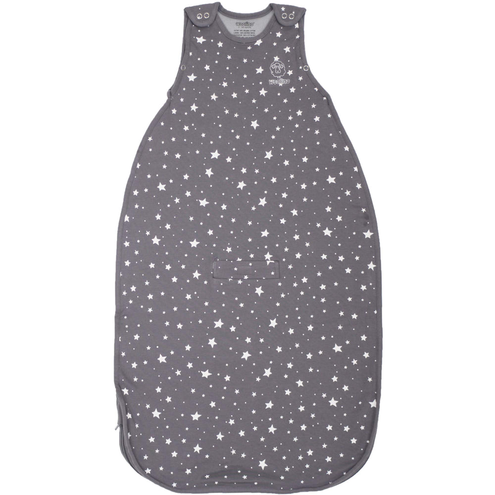 Woolino sleeping sack star gray closeup shows cozy temperature-regulating fabric
