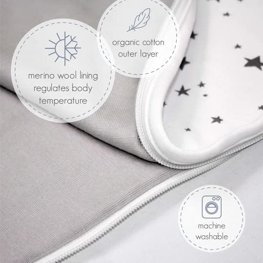 Woolino sleeping sack star gray two-way zipper for quick night changes