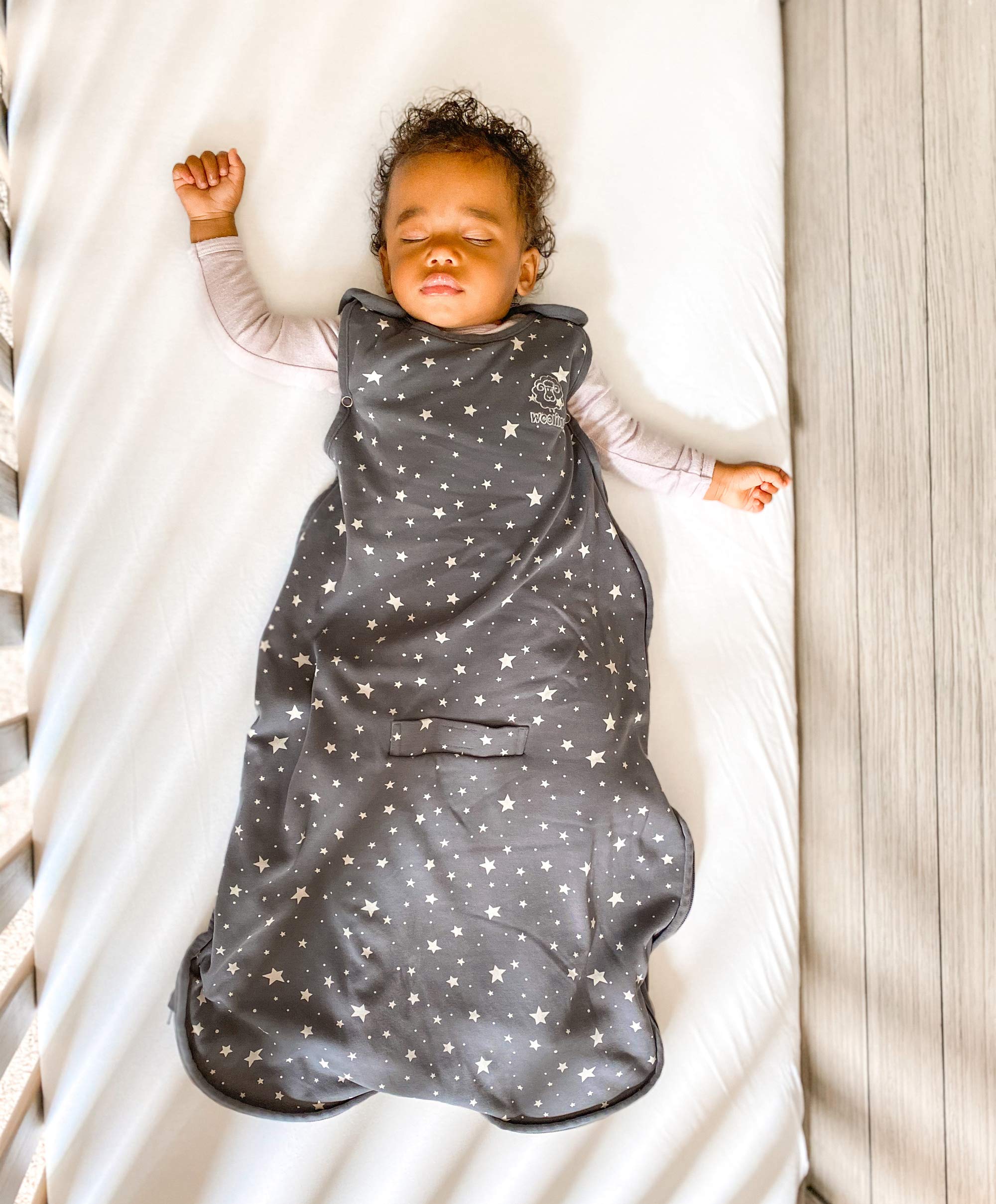 Woolino sleeping sack star gray merino wool lining keeps toddler comfortable