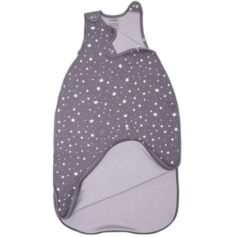 Woolino sleeping sack star gray shoulder snaps enable easy dressing