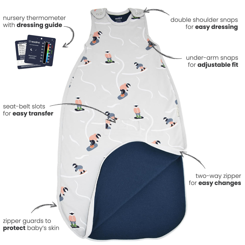 Woolino under-arm snaps support swaddle transition and growing baby.