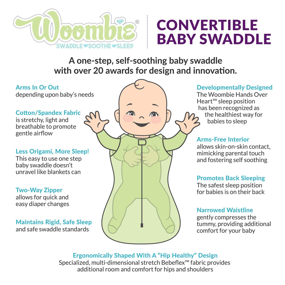 Woombie Stardust Elephant swaddle-gray arms-in pose highlighting secure fit.